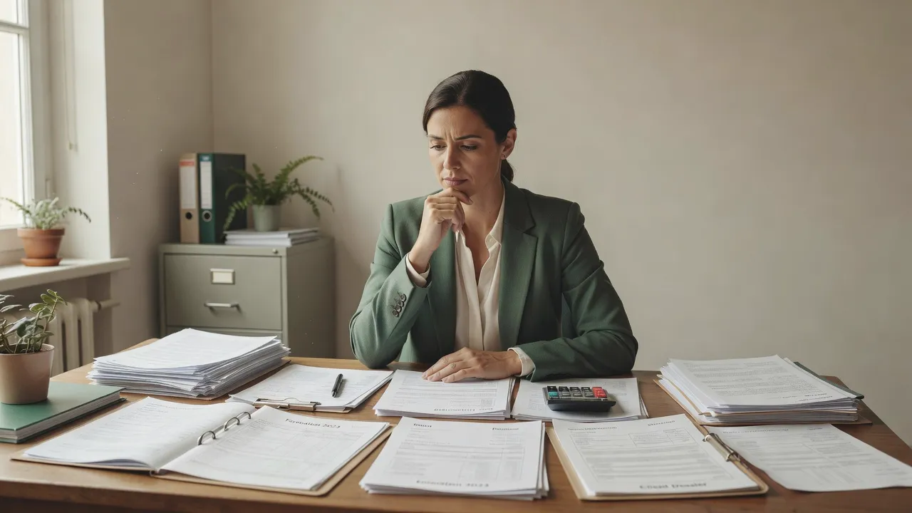 Formateur indépendant pensif devant son ordinateur, entouré de documents administratifs, en début d'activité