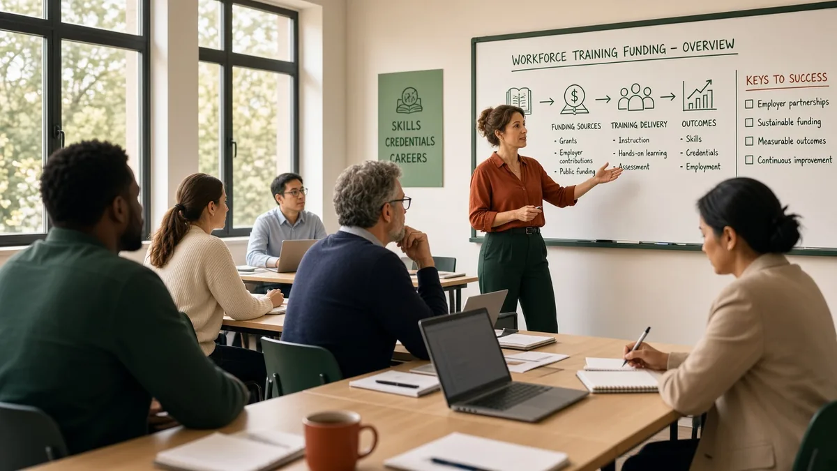 Formateur indépendant en réunion avec des responsables formation autour d'un tableau blanc et d'ordinateurs