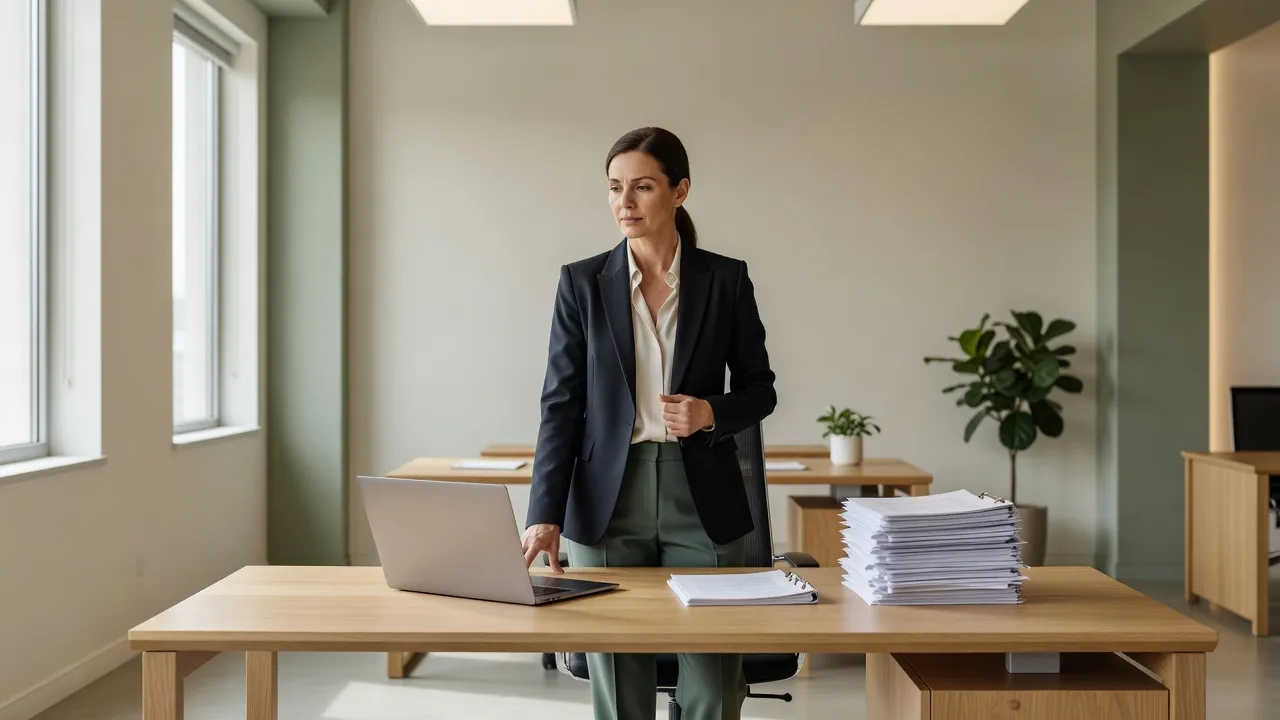 Formatrice professionnelle réfléchissant entre deux trajectoires de carrière, ordinateur et documents sur son bureau