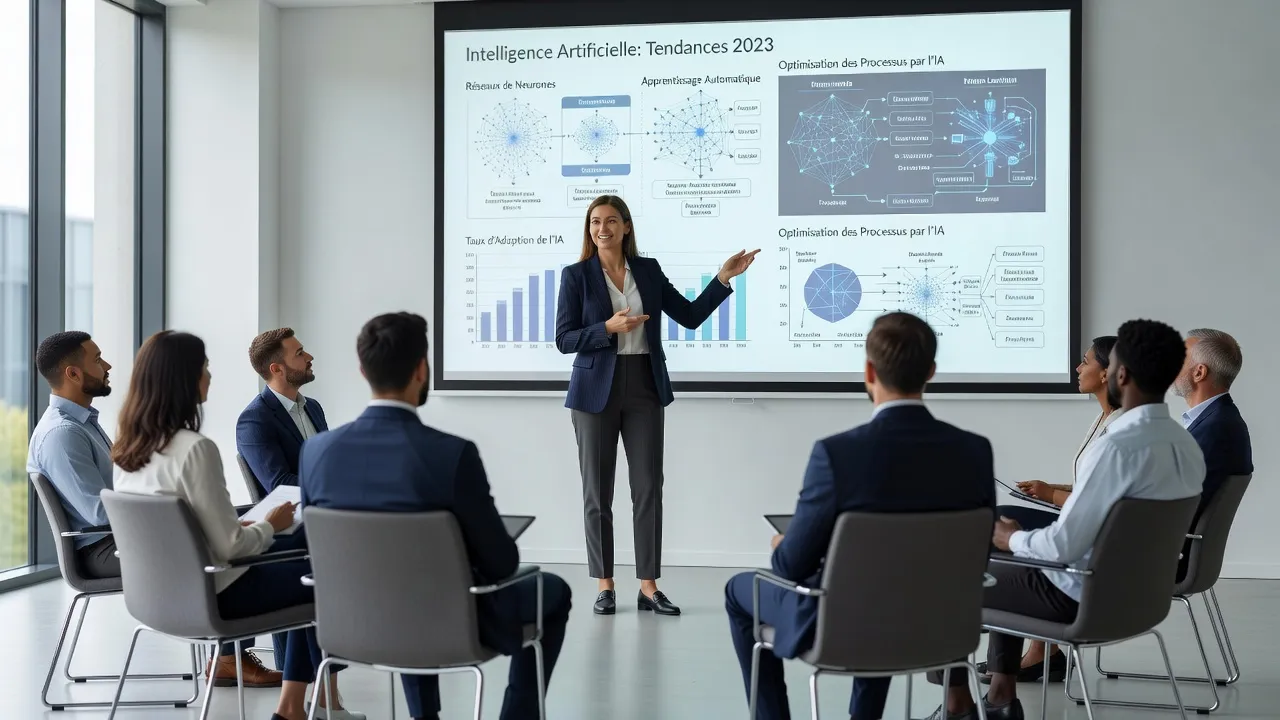 Formatrice présentant un contenu sur l'intelligence artificielle à un groupe d'adultes en salle de formation