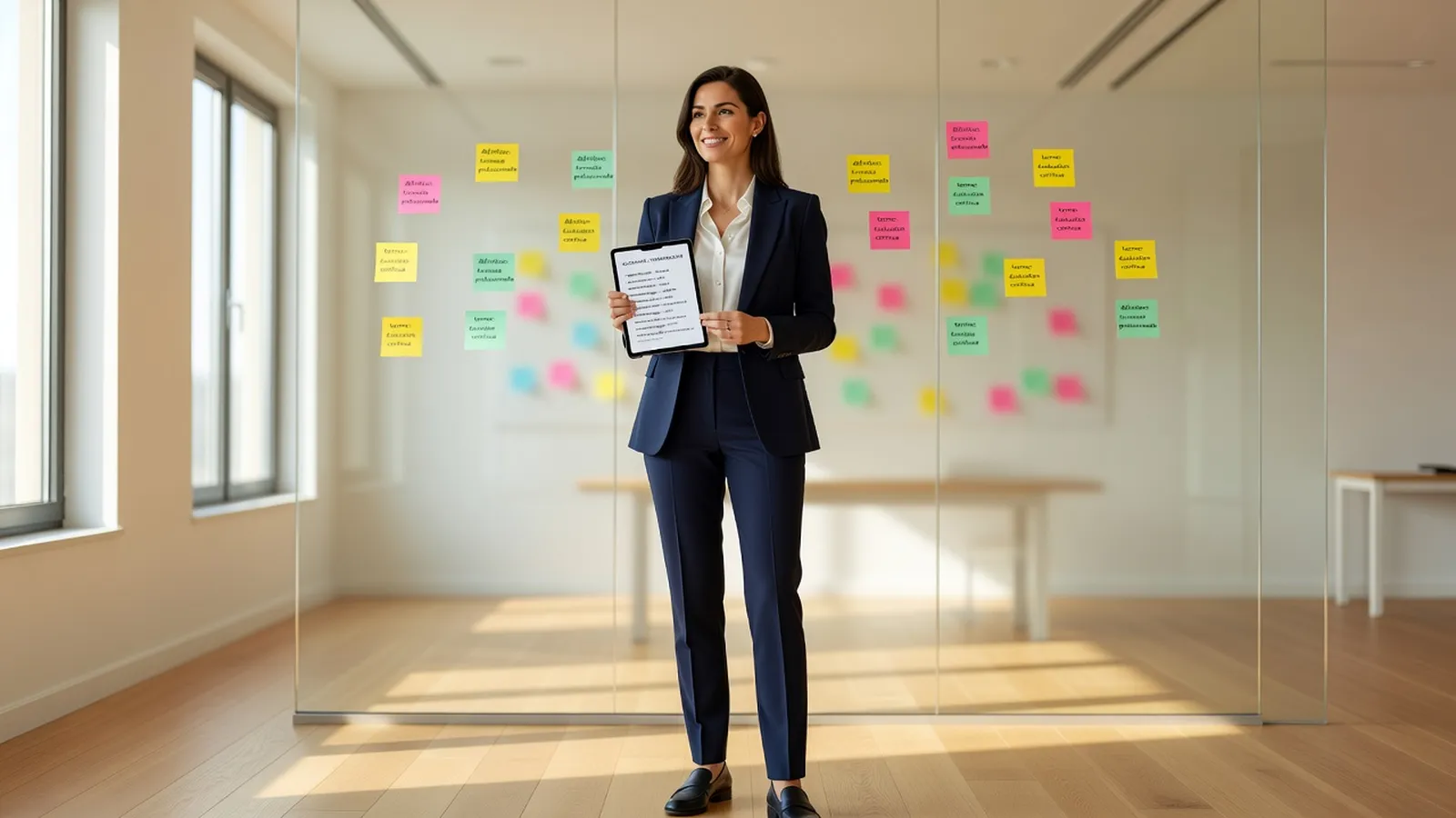 Formatrice indépendante consultant une tablette avec des définitions dans une salle de formation moderne