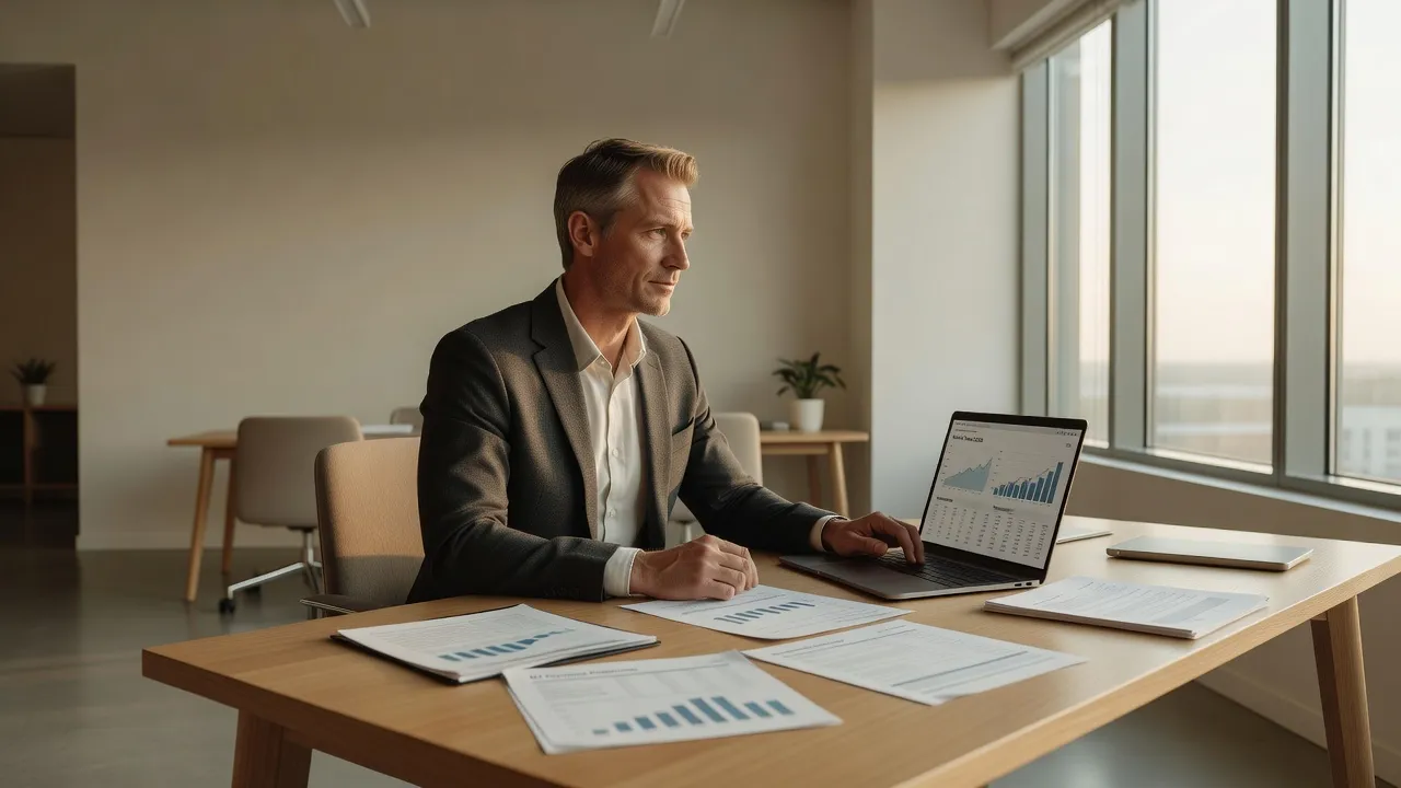 Professionnel en réflexion devant un ordinateur, envisageant une reconversion vers le métier de formateur