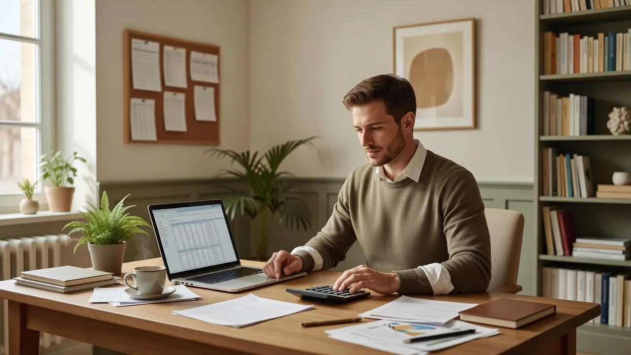 Formateur en micro-entreprise calculant ses cotisations sociales sur son ordinateur