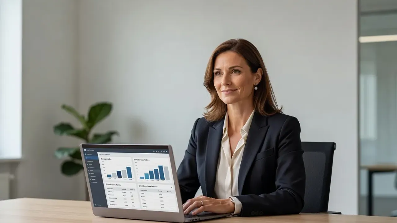 Formateur consultant un portail institutionnel sur son ordinateur portable dans un bureau
