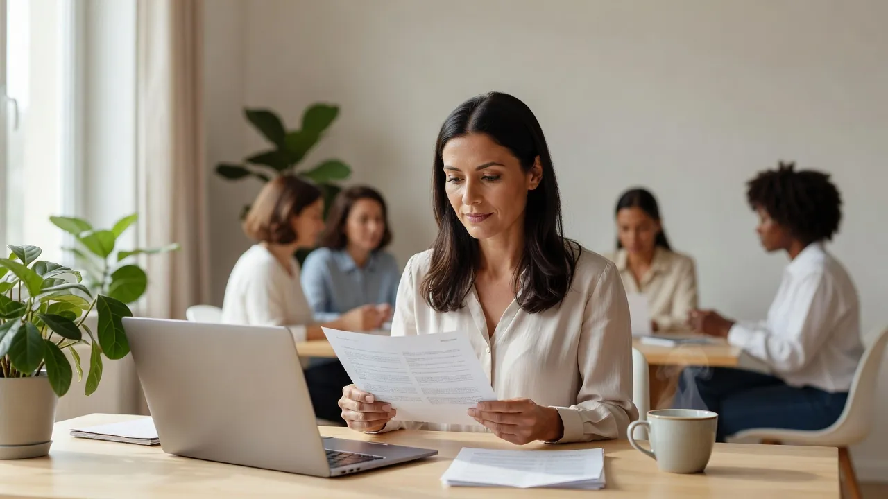 Formatrice indépendante relisant un contrat de prévoyance à son bureau, tasse de thé et ordinateur portable à proximité