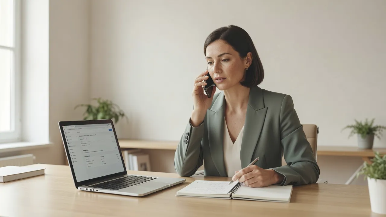 Formatrice indépendante au téléphone lors d'une prise de contact commerciale, carnet et ordinateur portable sur le bureau