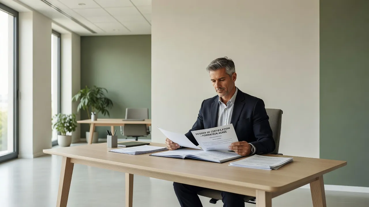 Formateur professionnel examinant des documents de certification à son bureau