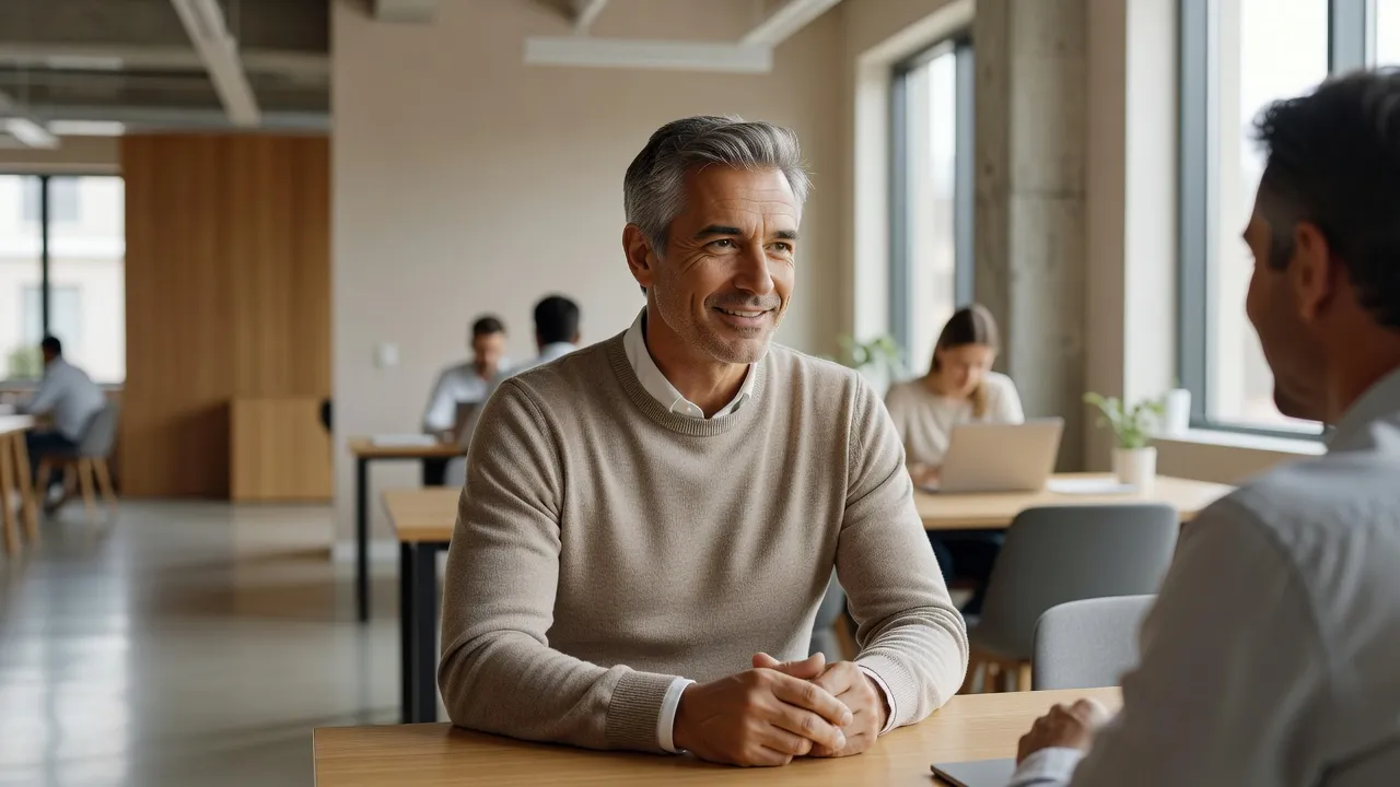 Homme en reconversion professionnelle échangeant avec un collègue dans un espace de coworking