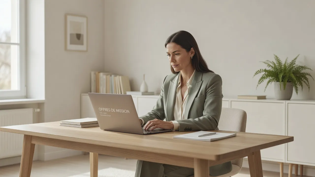 Formatrice indépendante consultant des offres de mission sur son ordinateur portable dans un espace de coworking lumineux