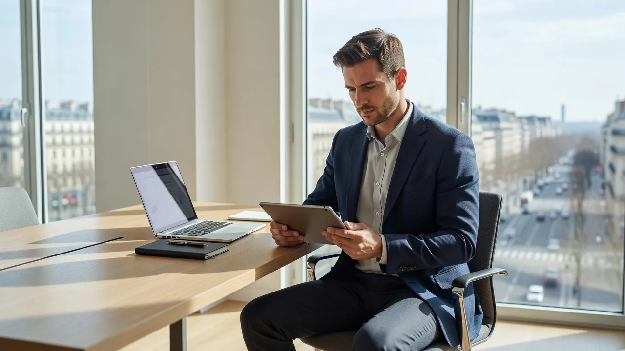 Formateur consultant une veille d'actualité sur tablette à son bureau