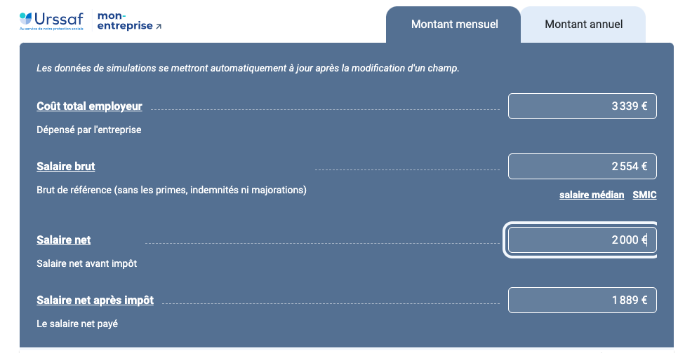Exemple simulateur salaire de 2000€ pour aborder le salaire